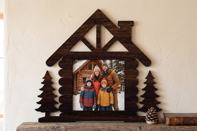 Winter Cabin Family Photo Frame Laser SVG, Cabin Laser Cut