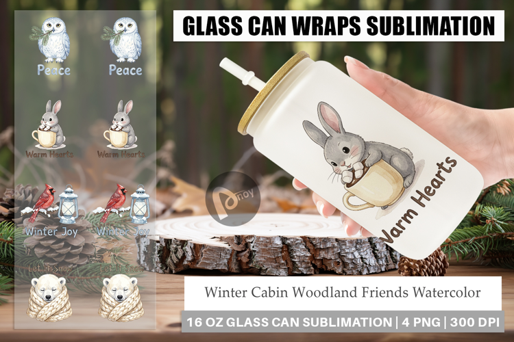 Winter Cabin Woodland Friends Glass Can