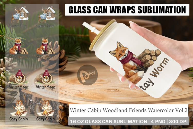 Winter Cabin Woodland Friends Glass Can