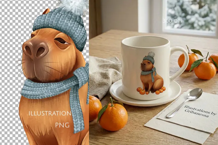 Winter Capybara with Oranges PNG