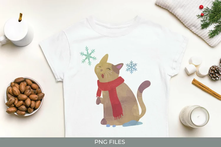 Happy Cat Wearing Shawl in The Winter Watercolor Sublimation
