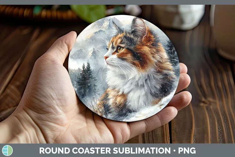 Winter Cats Calico Cat Round Coaster Sublimation Coaster Des