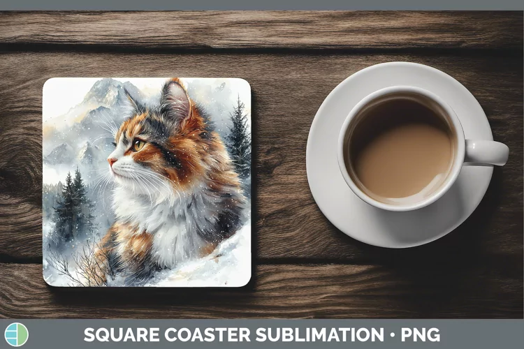 Winter Cats Calico Cat Square Coaster Sublimation Coaster De