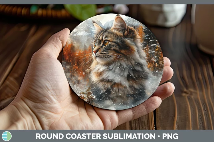 Winter Cats Norwegian Forest Cat Round Coaster Sublimation C