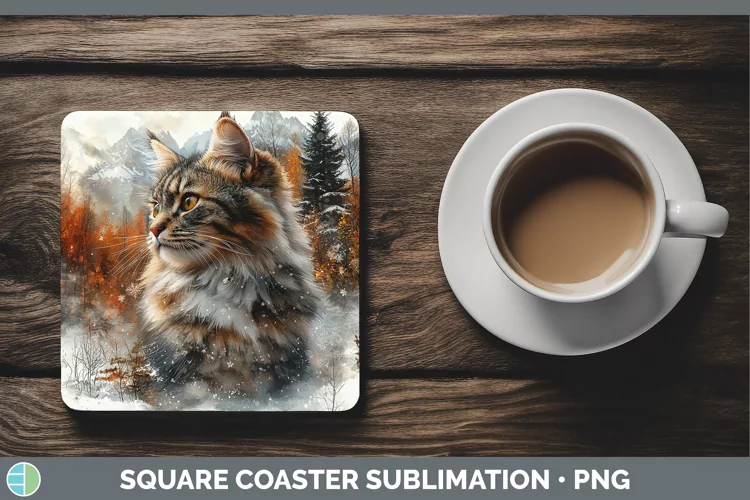 Winter Cats Norwegian Forest Cat Square Coaster Sublimation