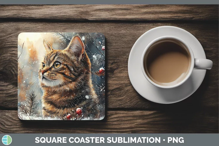 Winter Cats Tabby Cat Square Coaster Sublimation Coaster Des