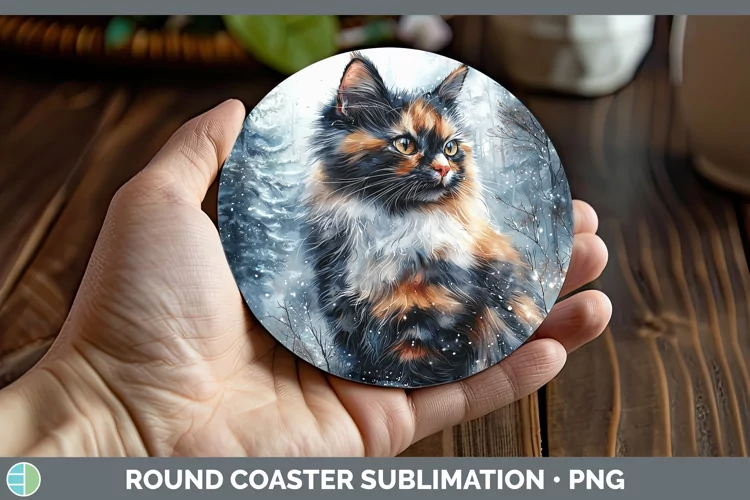 Winter Cats Tortoiseshell Cat Round Coaster Sublimation Coas