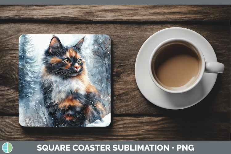 Winter Cats Tortoiseshell Cat Square Coaster Sublimation Coa