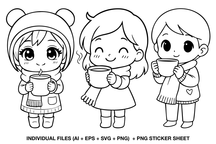 Winter Chibi Kids with Hot Cocoa, Coloring Digital Stamps