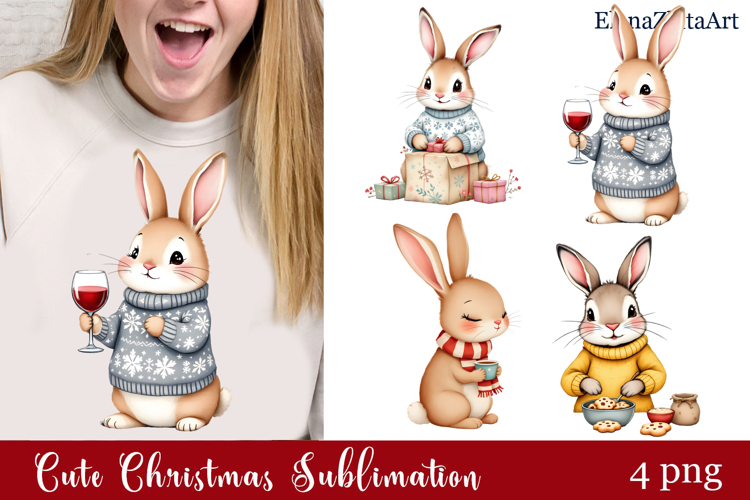 Christmas bunny animals winter Watercolor Clipart