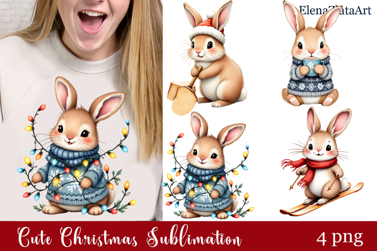 Christmas bunny animals winter Watercolor Clipart