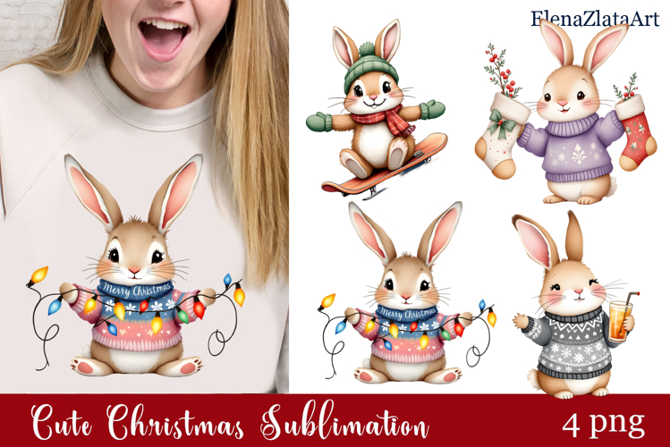 Christmas bunny animals winter Watercolor Clipart