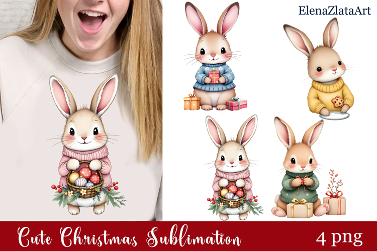 Christmas bunny animals winter Watercolor Clipart