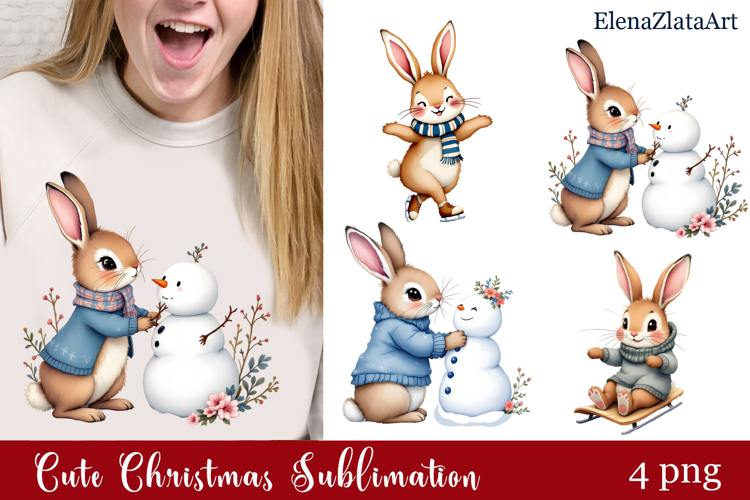 Christmas bunny animals winter Watercolor Clipart
