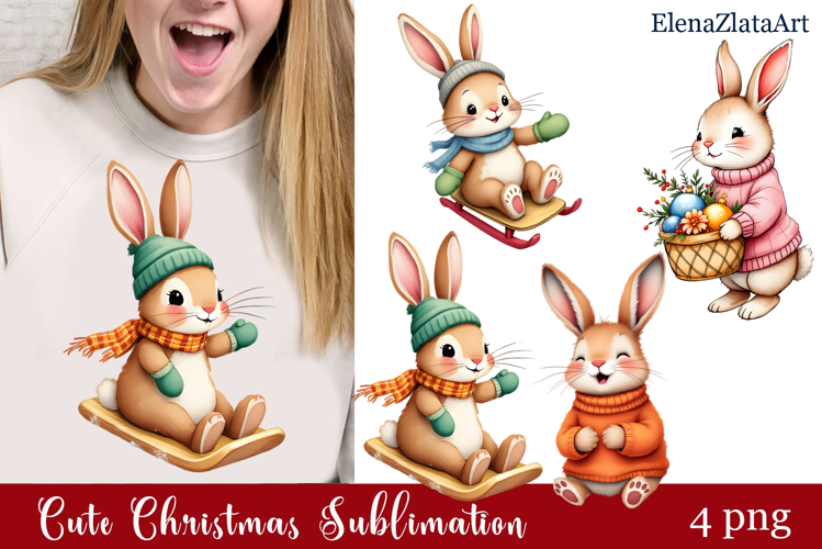 Christmas bunny animals winter Watercolor Clipart