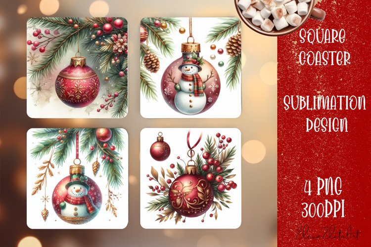 Christmas tree ball Vintage Watercolor. Square Coasters example image 1