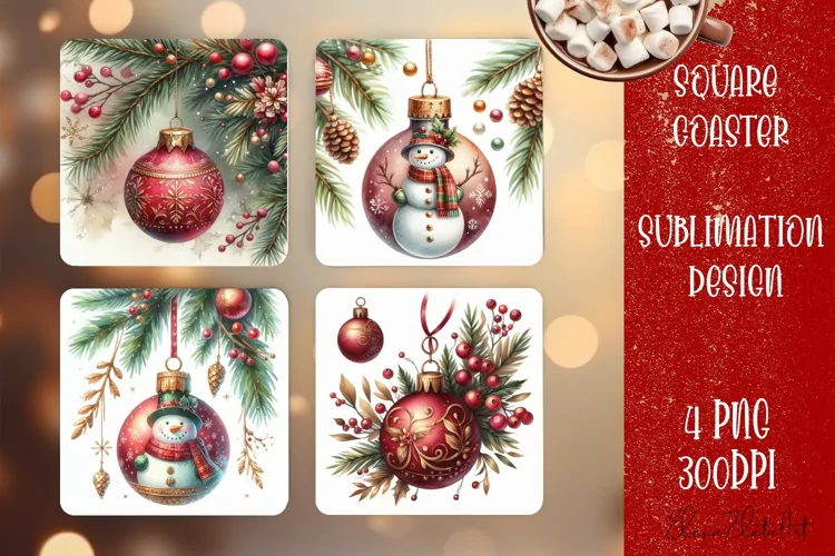 Christmas tree ball Vintage Watercolor. Square Coasters