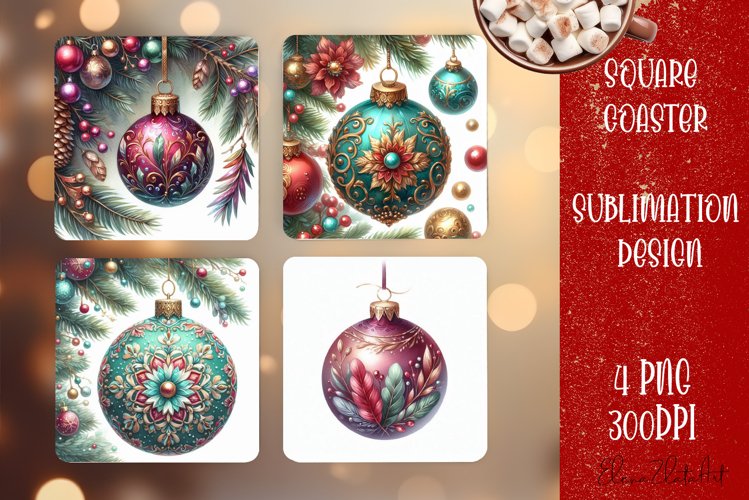 Christmas tree ball Vintage Watercolor. Square Coasters example image 1