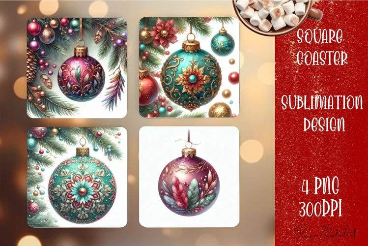 Christmas tree ball Vintage Watercolor. Square Coasters