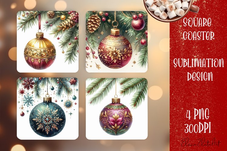 Christmas tree ball Vintage Watercolor. Square Coasters