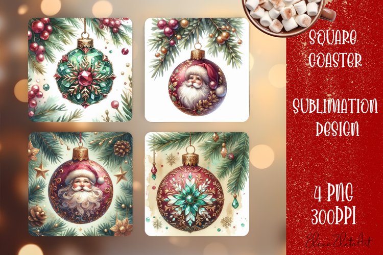 Christmas tree ball Vintage Watercolor. Square Coasters
