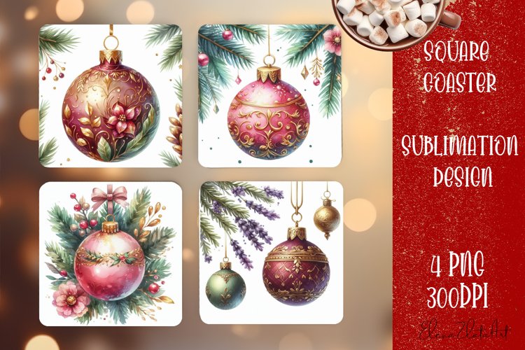 Christmas tree ball Vintage Watercolor. Square Coasters