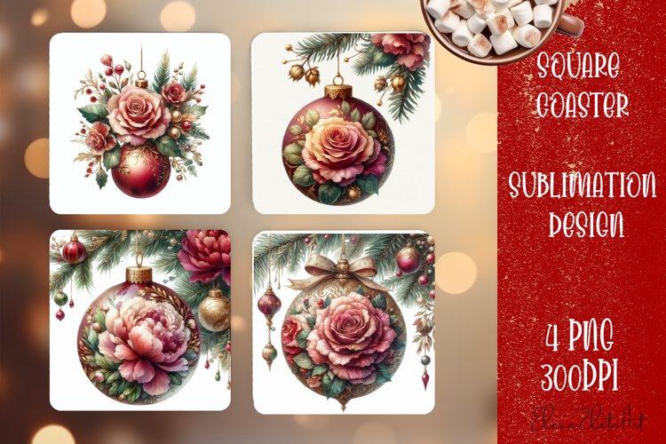 Christmas tree ball Vintage Watercolor. Square Coasters