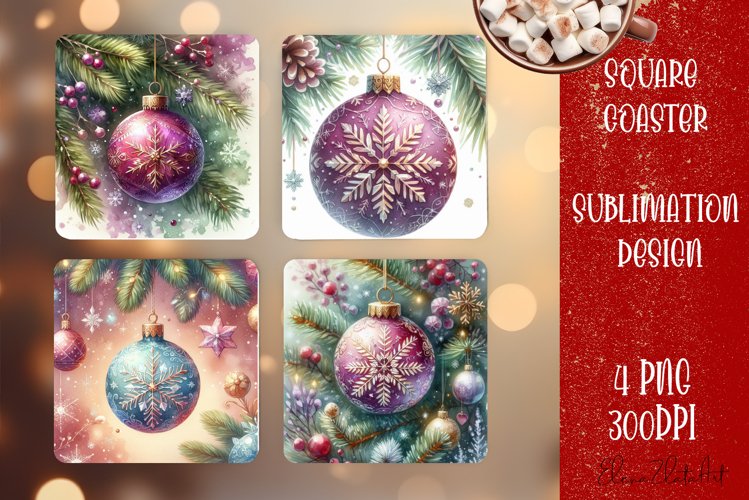 Christmas tree ball Vintage Watercolor. Square Coasters