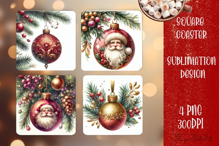 Christmas tree ball Vintage Watercolor. Square Coasters