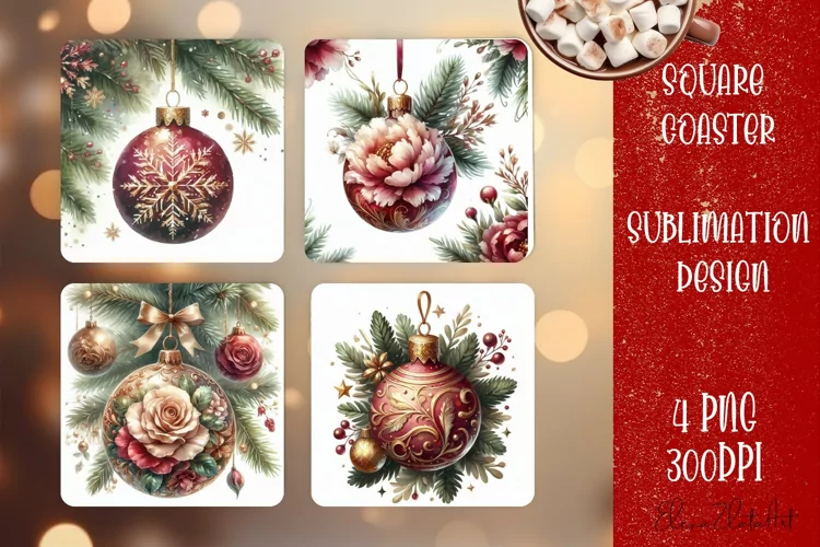 Christmas tree ball Vintage Watercolor. Square Coasters