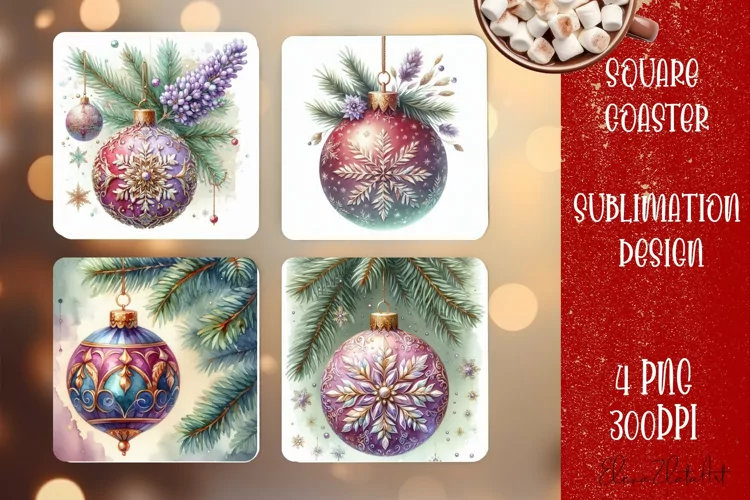 Christmas tree ball Vintage Watercolor. Square Coasters