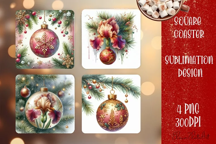 Christmas tree ball Vintage Watercolor. Square Coasters
