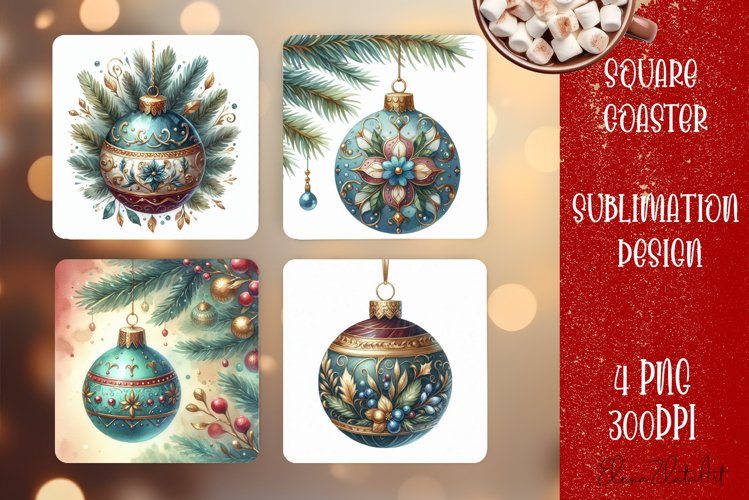 Christmas tree ball Vintage Watercolor. Square Coasters
