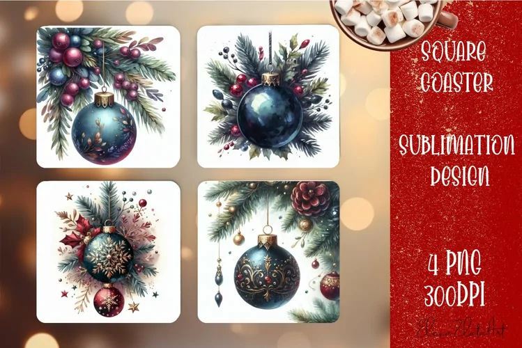Christmas tree ball Vintage Watercolor. Square Coasters