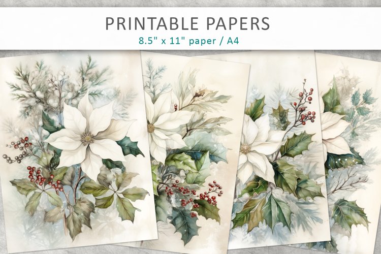 Christmas White Poinsettia Junk Journal, vintage paper