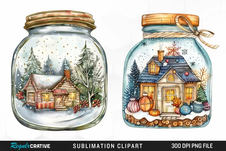 Winter Cottage In A Jar Sublimation Clipart