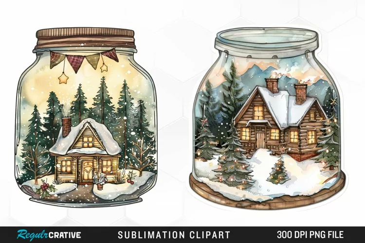 Winter Cottage In A Jar Sublimation Clipart