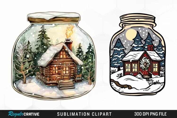 Winter Cottage In A Jar Sublimation Clipart
