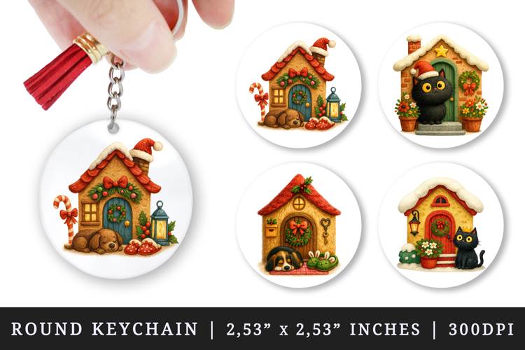 Winter Cute House round keychain pintable sublimation design