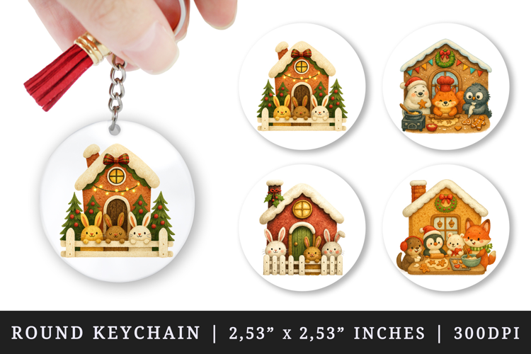 Winter Cute House round keychain pintable sublimation design