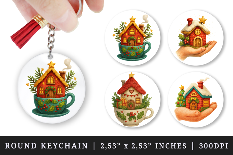 Winter Cute House round keychain pintable sublimation design