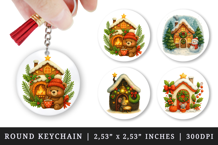Winter Cute House round keychain pintable sublimation design