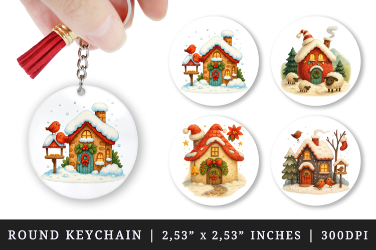 Winter Cute House round keychain pintable sublimation design