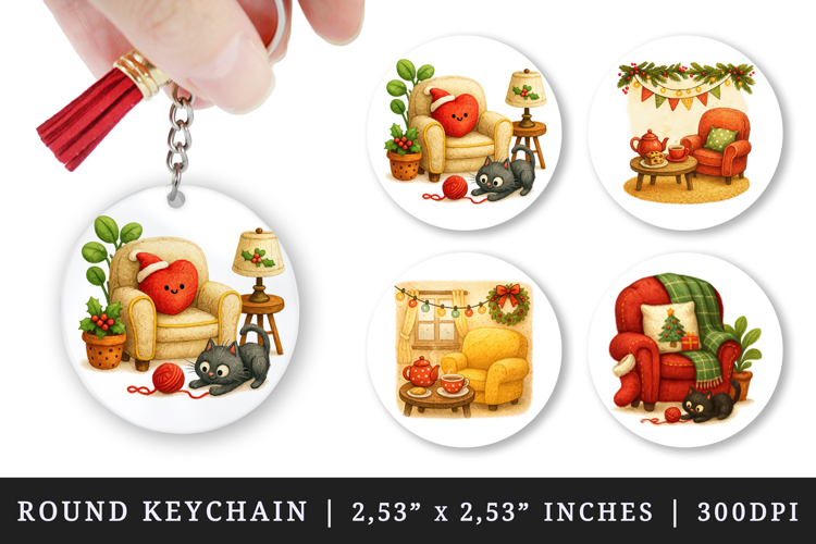 Winter Cute House round keychain pintable sublimation design