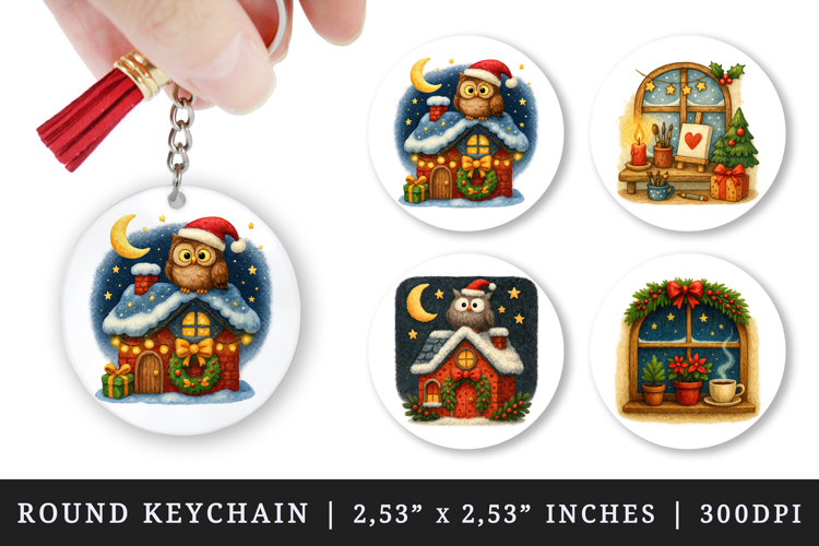 Winter Cute House round keychain pintable sublimation design