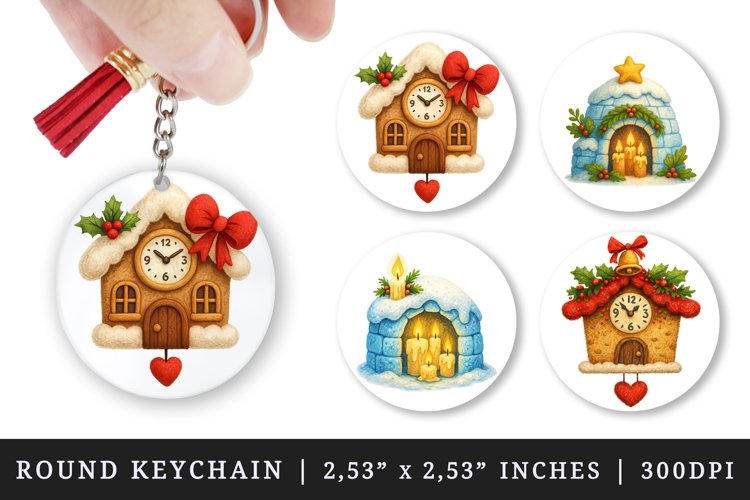 Winter Cute House round keychain pintable sublimation design