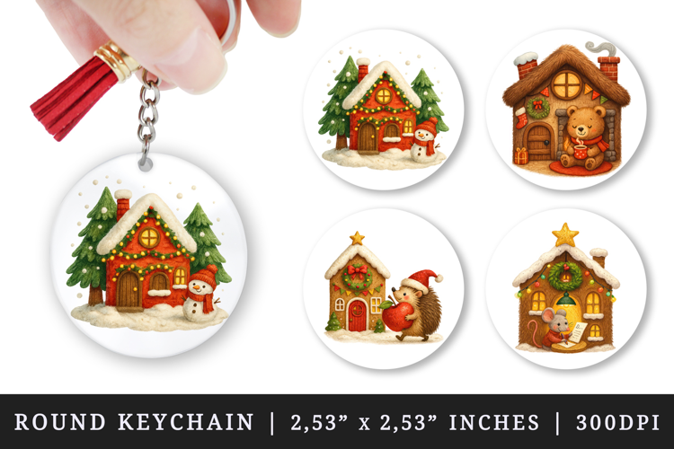 Winter Cute House round keychain pintable sublimation design
