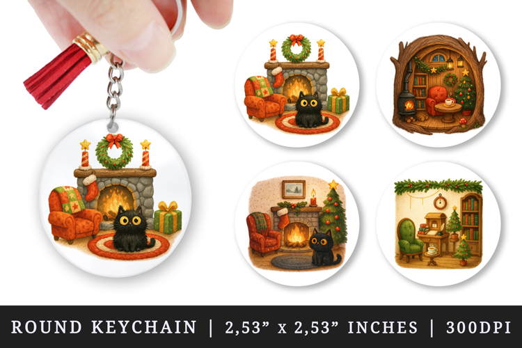 Winter Cute House round keychain pintable sublimation design