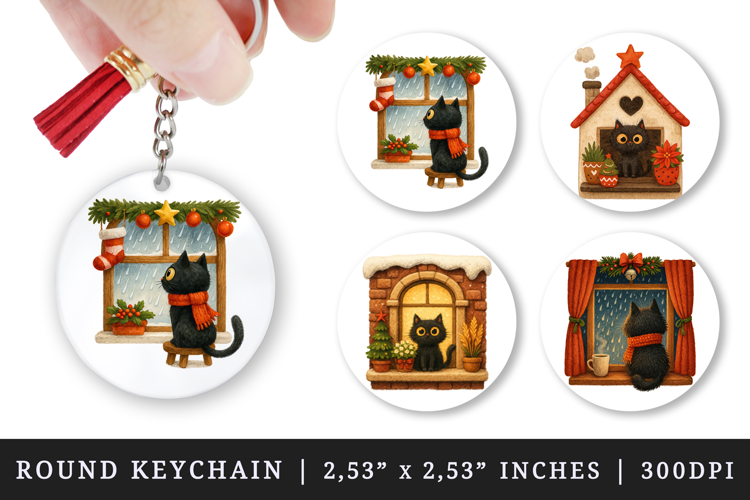 Winter Cute House round keychain pintable sublimation design