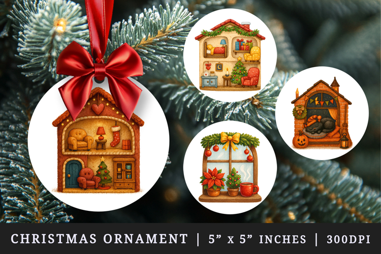 Winter Cute House round ornaments sublimation design